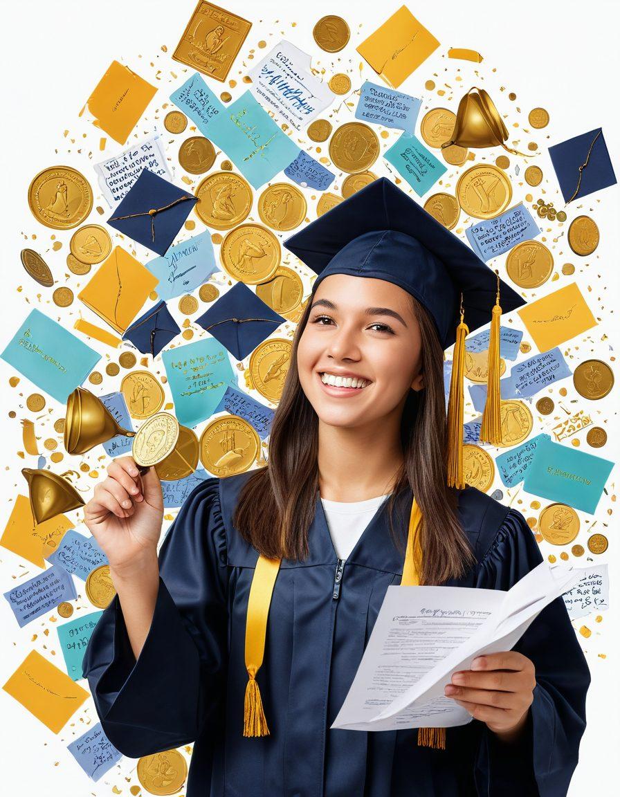 A visually engaging collage showcasing a student navigating the journey from college applications to receiving awards, with a backdrop of money and scholarships. Include elements like a graduation cap, stacks of gold coins, a checklist, and supportive family members in the scene. Use bright colors to convey hope and success, with a path leading towards a shining trophy representing achievement. super-realistic. vibrant colors. white background.