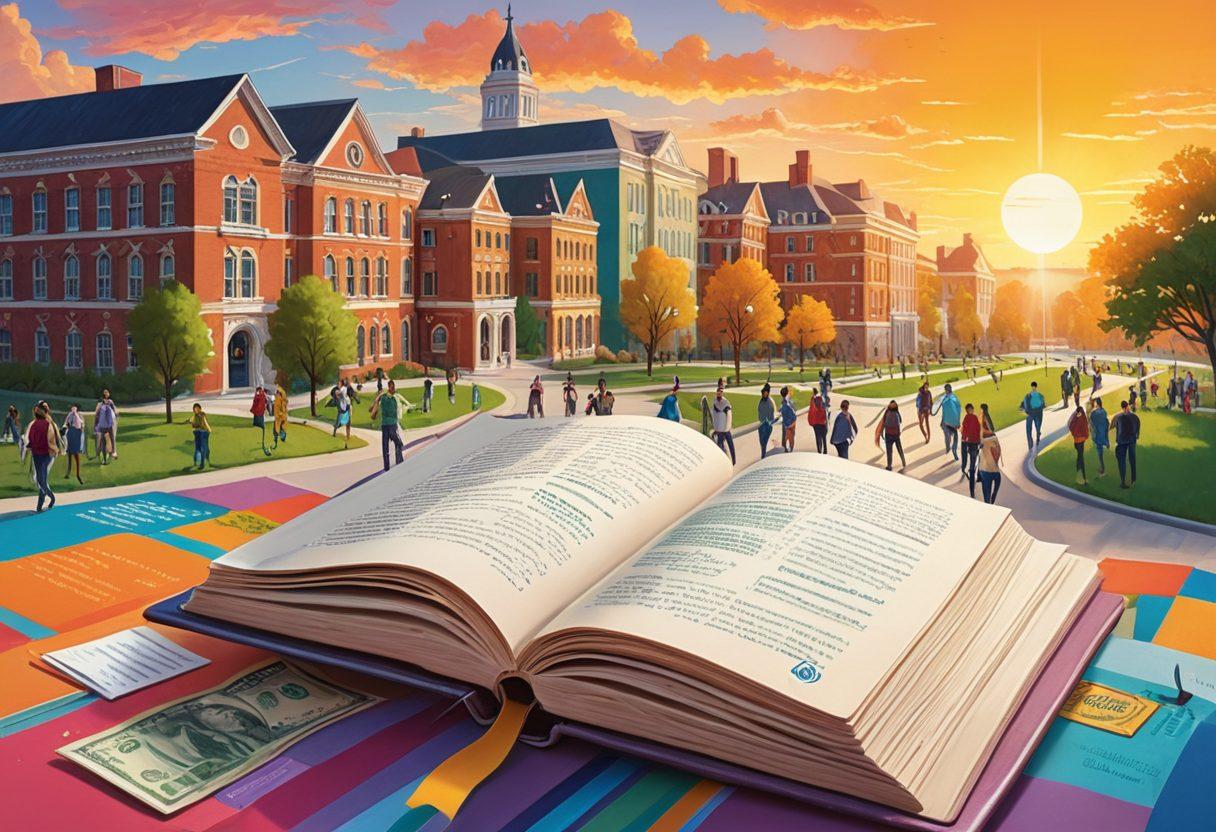 A visually engaging collage showcasing diverse educational funding options: scholarships, grants, and loans represented as colorful pathways leading to an open book filled with knowledge. The background features a bright sun rising over a university campus, symbolizing hope and opportunity. Infographic elements with icons of money, education, and student life are subtly integrated. vibrant colors. super-realistic.