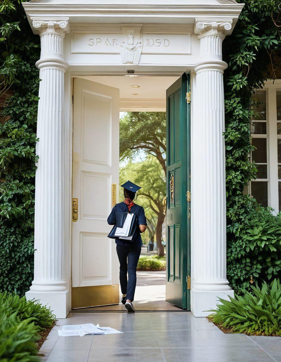 A bright, open door symbolizing opportunity, surrounded by floating scholarship and financial aid documents, with a person stepping through. The background features a vibrant university campus, emphasizing education and hope. Include elements like dollar signs and graduation caps to symbolize financial success and achievement. super-realistic. vibrant colors. white background.